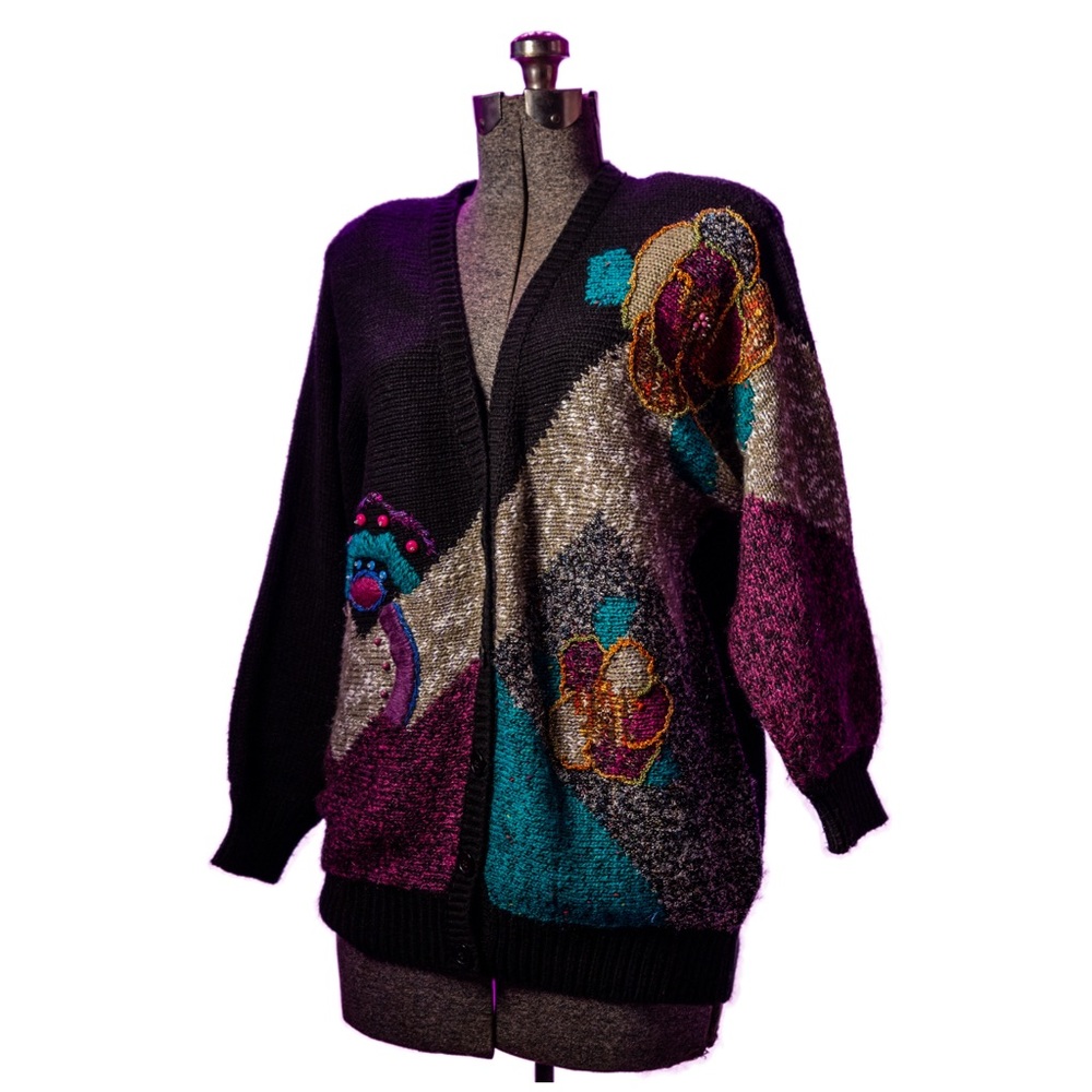 1980s Sweater / Mushroom Cardigan / Unique / 1980s ugly sweater